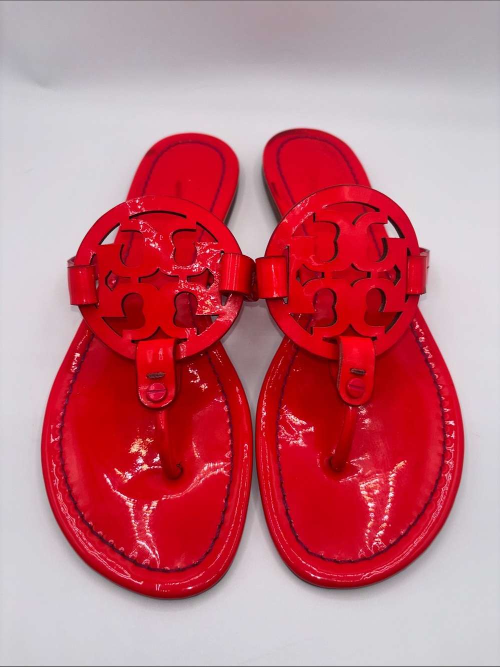 Tory Burch Miller Neon Red Patent Logo Toe-Post Sandals